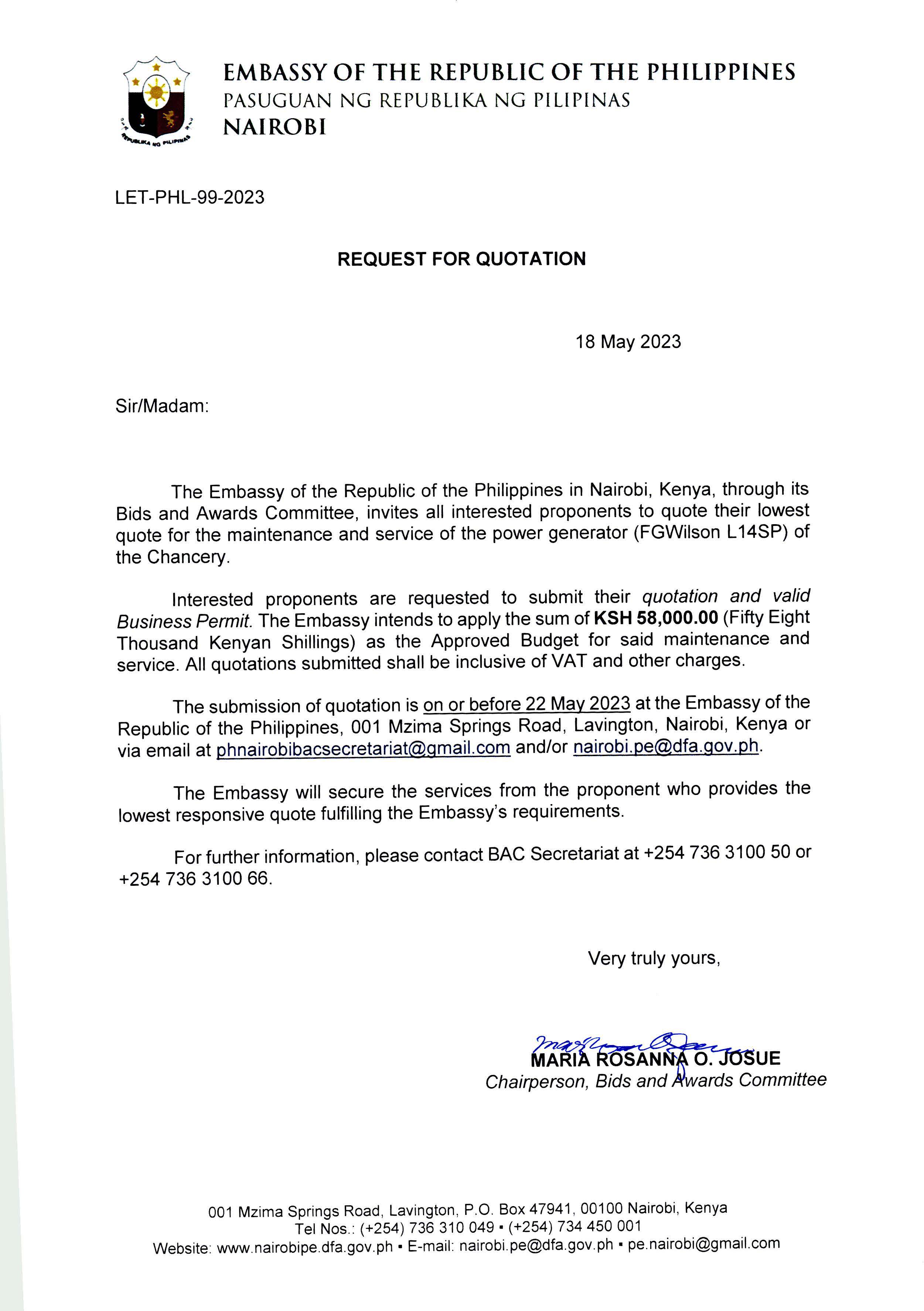 LET PHL 99 2023 BAC Request for Quotation Maintenance of the power generator