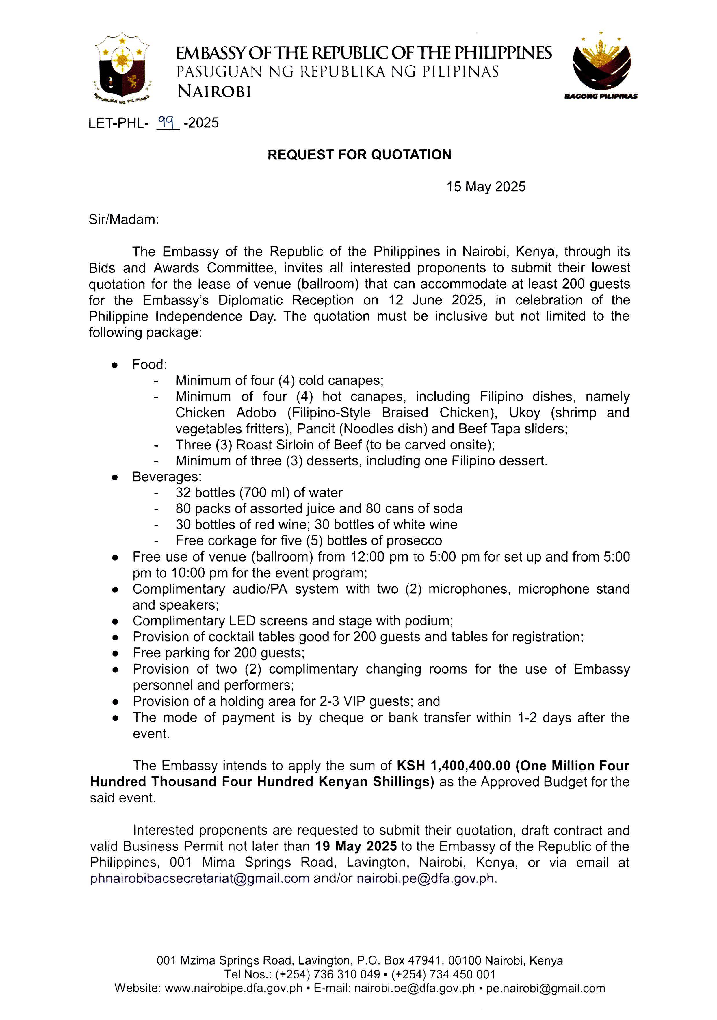 LET PHL 99 2025 BAC Request for Quotation Lease of Venue ballroom for the Embassys Diplomatic Reception on 12 June 2025 Page 1