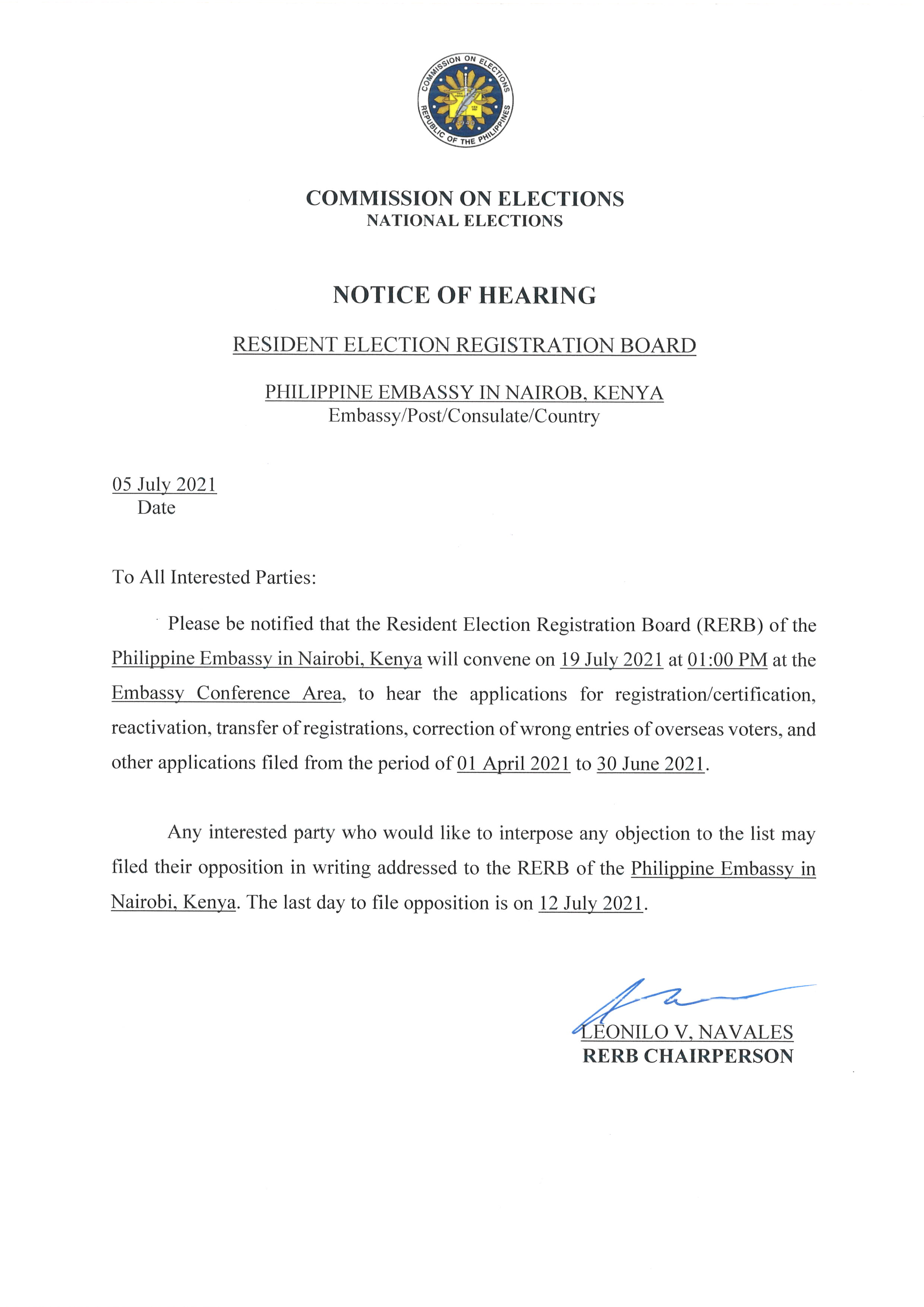 NOTICE OF HEARING 19 July 2021 Notice of Hearing 01 Apr to 30 June 2021