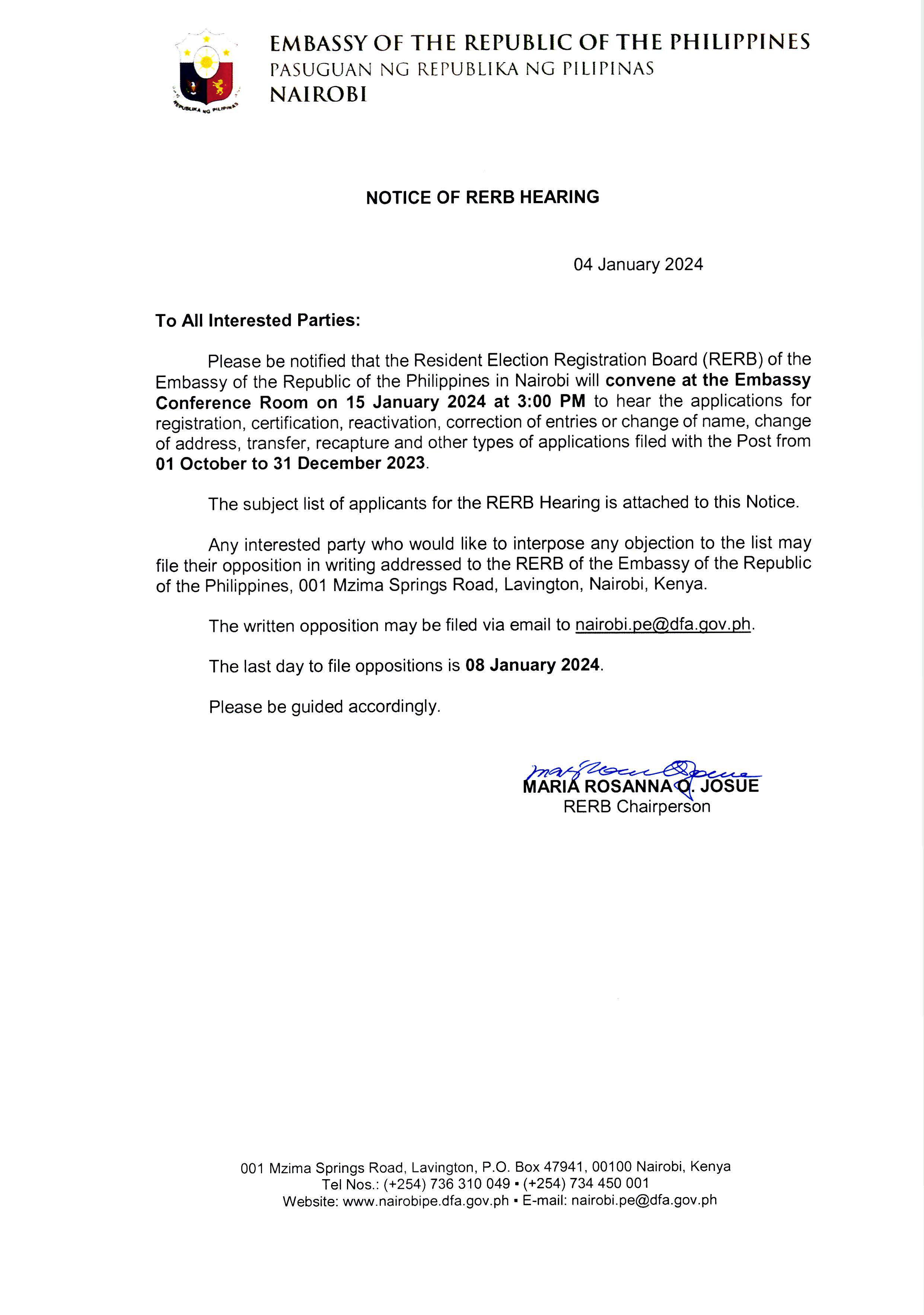 Notice of RERB Hearing 15 January 2024 Page 1