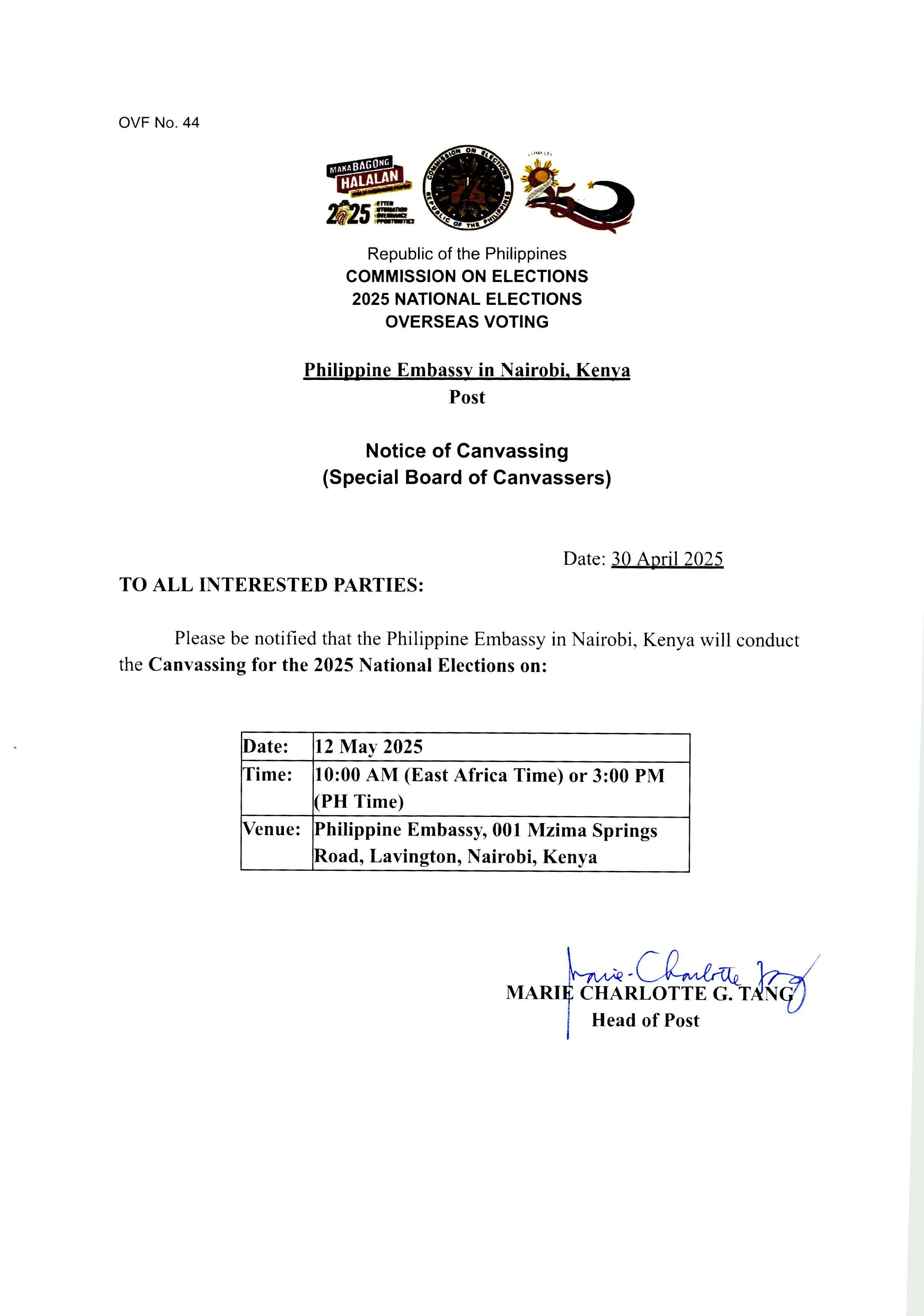 Notice of the Canvassing of Nairobi PE