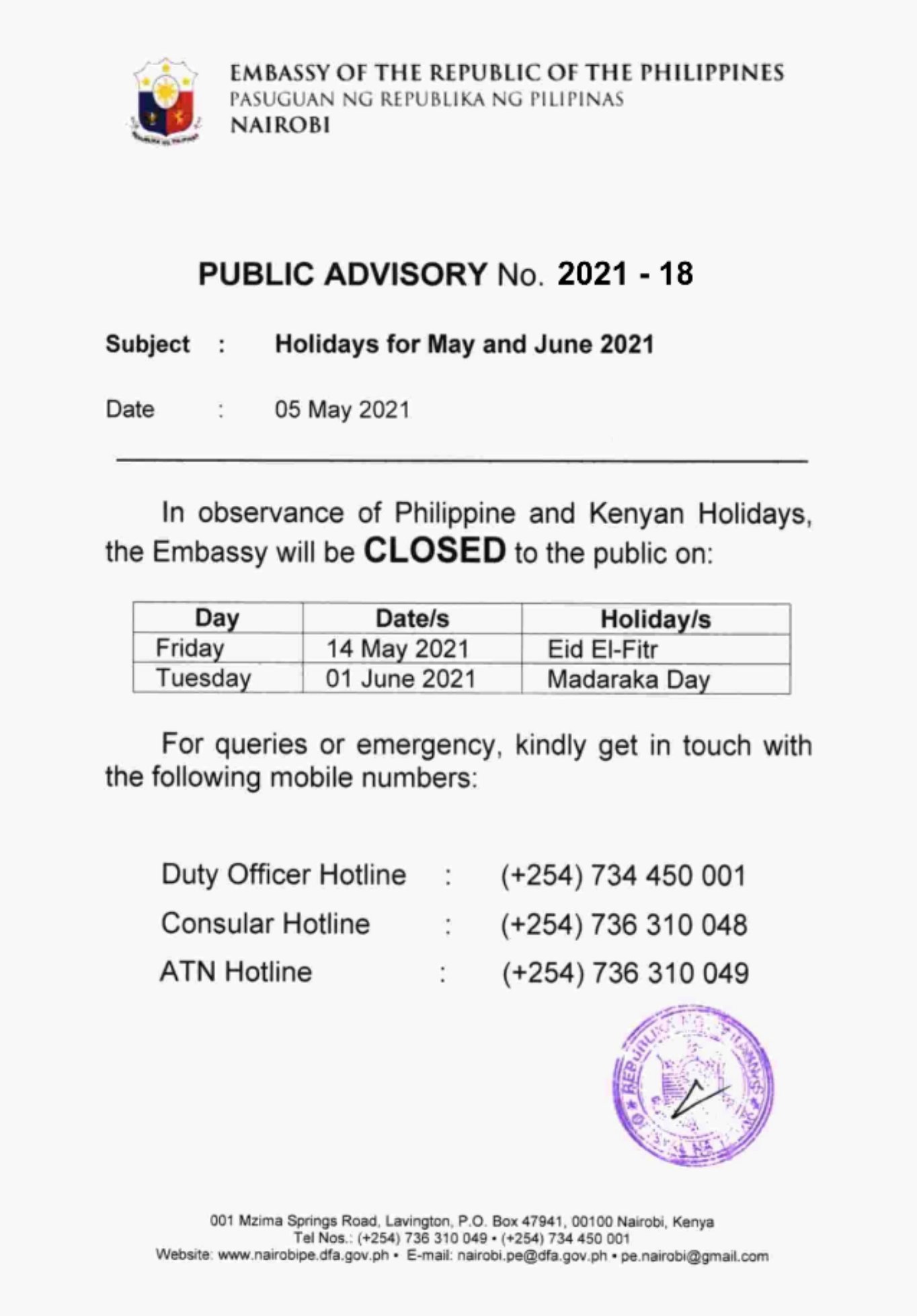 Public Advisory No. 2021 18 Holidays for May and June 2021