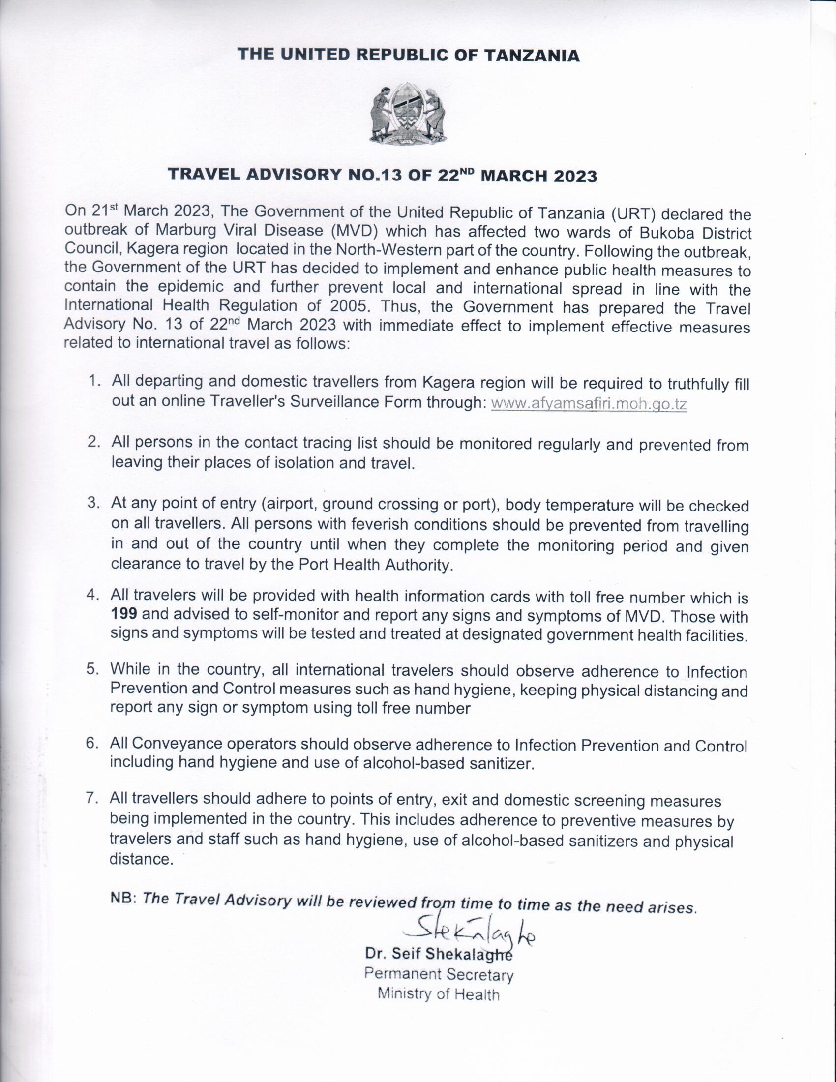 Public Advisory No. 2023 02 Outbreak of Marburg Viral Disease MVD in Bukoba District North Western part of Tanzania Page 2